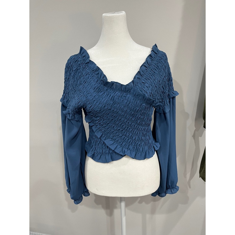Biba Blue Smocked Ruffle V-Neck Long Sleeve Top Size M 59487T Romantic Boho